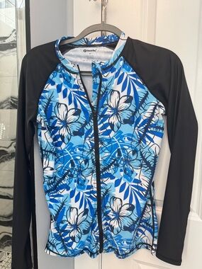 Women's Blue Floral Zip Front Rash Guard